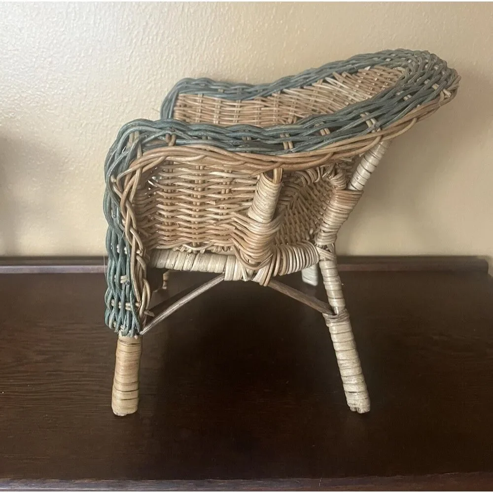 Vtg Beige Rattan Wicker Doll Rocker Cottage Style American‎ Girl Size Boho Decor